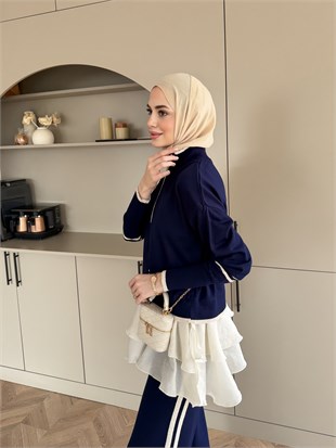 Aksis Fırfır Detaylı Triko Pantolonlu Takım Lacivert (1143)