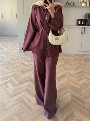 Alen İşlemeli Pantolonlu Takım Bordo (4514)