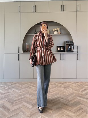 Alessi Kalın Çizgili Ceket Bej-Turuncu (4562)