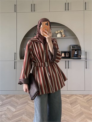 Alessi Kalın Çizgili Ceket Bej-Turuncu (4562)