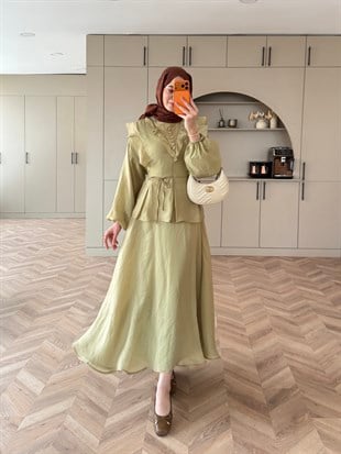 Almond Fırfır Detaylı Etekli Takım Mint Yeşili (F26007)