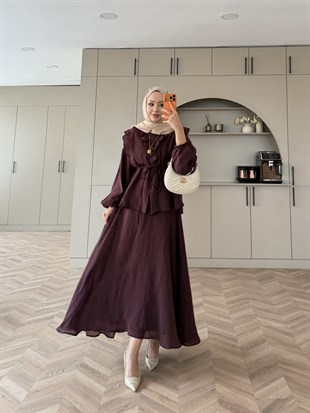 Almond Fırfır Detaylı Etekli Takım Mürdüm (F26007)