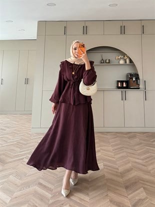 Almond Fırfır Detaylı Etekli Takım Mürdüm (F26007)