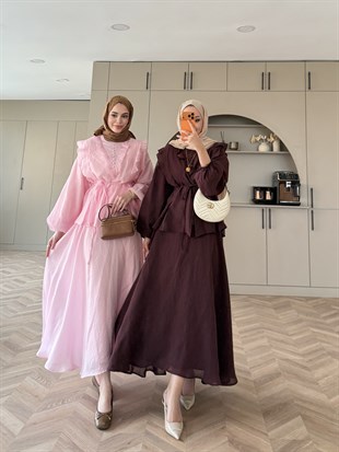 Almond Fırfır Detaylı Etekli Takım Mürdüm (F26007)