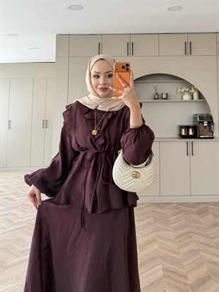 Almond Fırfır Detaylı Etekli Takım Mürdüm (F26007)