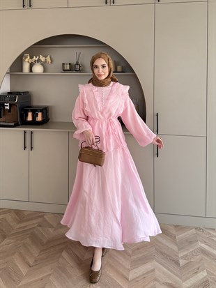 Almond Fırfır Detaylı Etekli Takım Pembe (F26007)