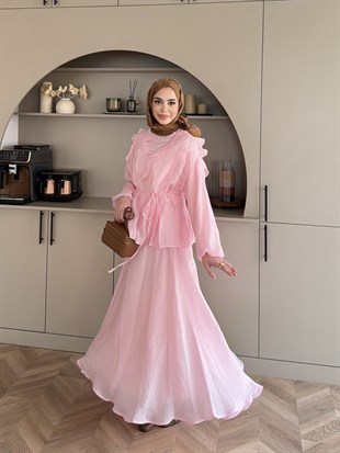 Almond Fırfır Detaylı Etekli Takım Pembe (F26007)