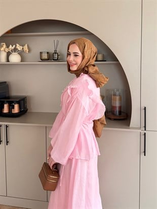 Almond Fırfır Detaylı Etekli Takım Pembe (F26007)
