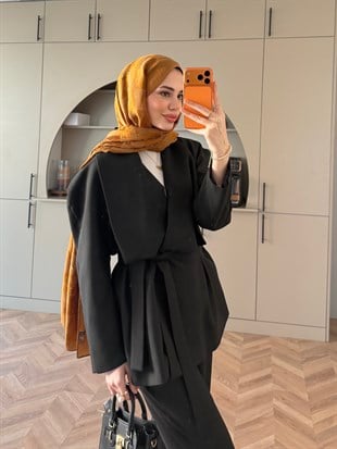 Alvena Geniş Yaka Kruvaze Ceket Takım Siyah (26061)