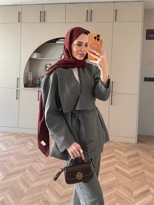 Alvena Geniş Yaka Kruvaze Ceket Takım Antrasit (26061)