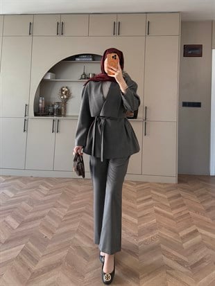 Alvena Geniş Yaka Kruvaze Ceket Takım Antrasit (26061)