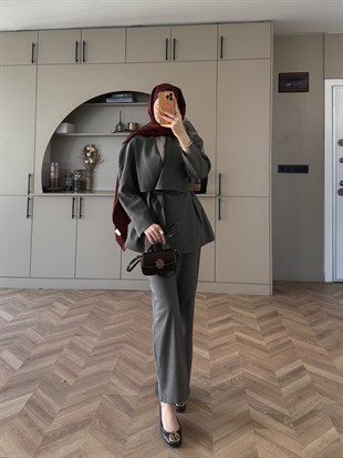 Alvena Geniş Yaka Kruvaze Ceket Takım Antrasit (26061)