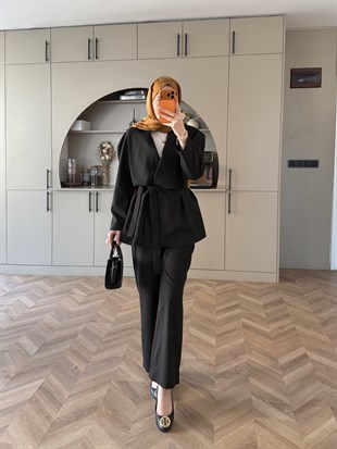 Alvena Geniş Yaka Kruvaze Ceket Takım Siyah (26061)
