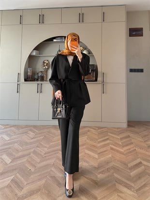 Alvena Geniş Yaka Kruvaze Ceket Takım Siyah (26061)