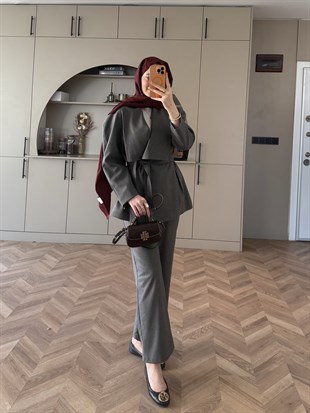 Alvena Geniş Yaka Kruvaze Ceket Takım Antrasit (26061)