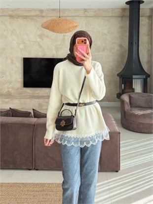 Alya Dantel Detaylı Angora Kazak Ekru (2915)