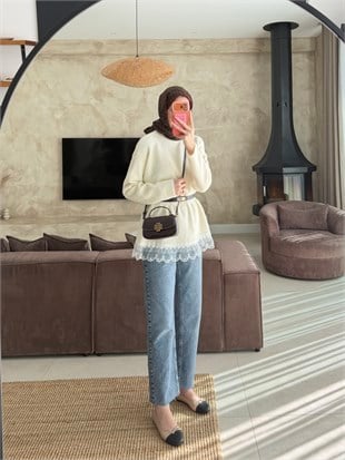 Alya Dantel Detaylı Angora Kazak Ekru (2915)