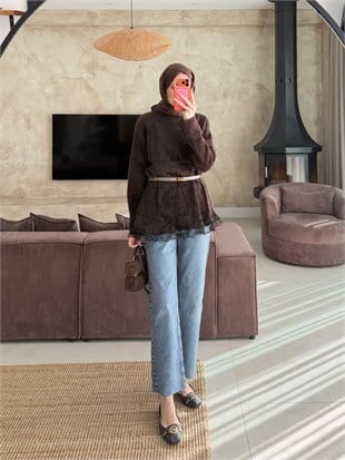 Alya Dantel Detaylı Angora Kazak Kahve (2915)
