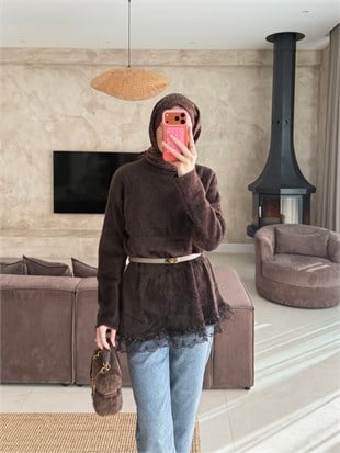 Alya Dantel Detaylı Angora Kazak Kahve (2915)