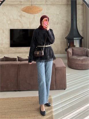 Alya Dantel Detaylı Angora Kazak Siyah (2915)