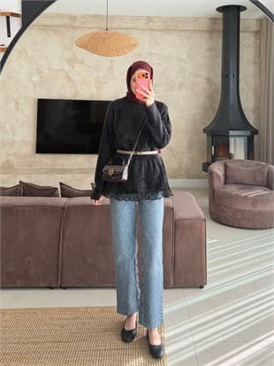 Alya Dantel Detaylı Angora Kazak Siyah (2915)