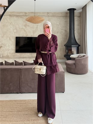 Alya Dantel Detaylı Pantolonlu Takım Mürdüm (2026)