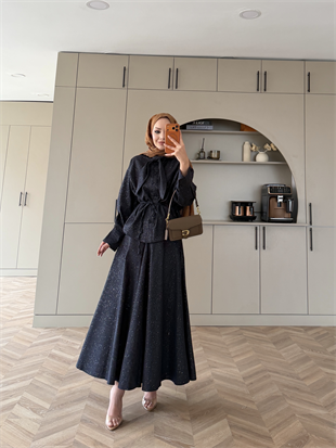 Amari Işıltılı Bağlamalı Kot Etekli Takım Lacivert (3022)