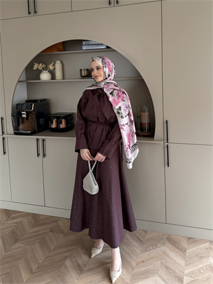 Amari Işıltılı Bağlamalı Kot Etekli Takım Mürdüm (3022)