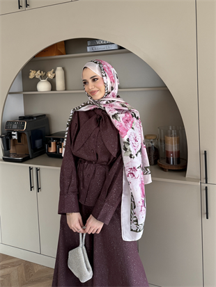 Amari Işıltılı Bağlamalı Kot Etekli Takım Mürdüm (3022)