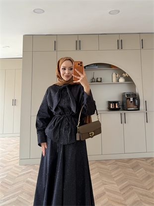 Amari Işıltılı Bağlamalı Kot Etekli Takım Lacivert (3022)