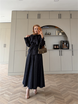 Amari Işıltılı Bağlamalı Kot Etekli Takım Lacivert (3022)