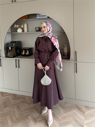 Amari Işıltılı Bağlamalı Kot Etekli Takım Mürdüm (3022)