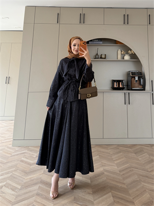 Amari Işıltılı Bağlamalı Kot Etekli Takım Lacivert (3022)