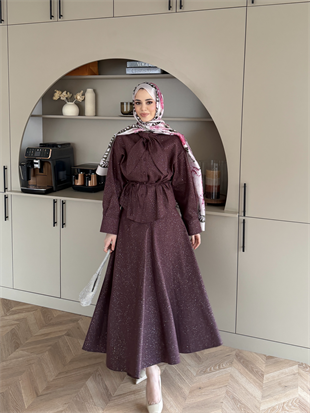 Amari Işıltılı Bağlamalı Kot Etekli Takım Mürdüm (3022)
