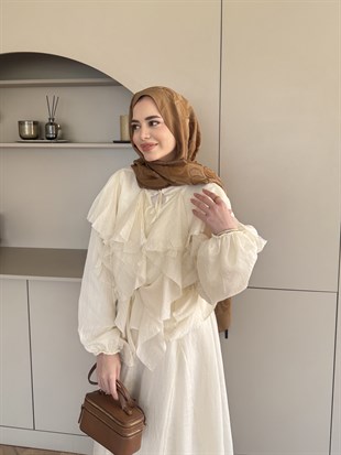 Angelina Fırfırlı Etekli Takım Ekru (8548)