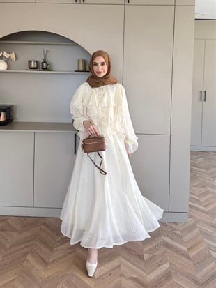 Angelina Fırfırlı Etekli Takım Ekru (8548)