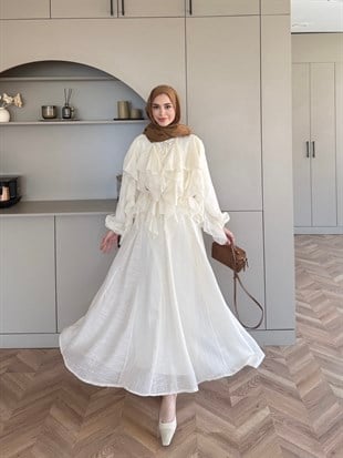 Angelina Fırfırlı Etekli Takım Ekru (8548)