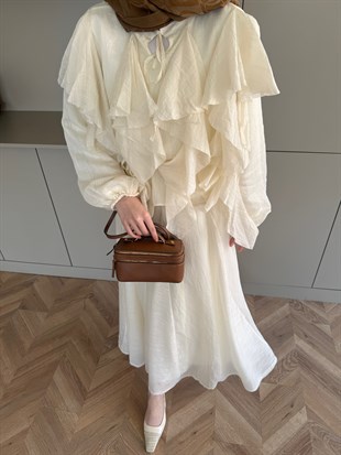 Angelina Fırfırlı Etekli Takım Ekru (8548)
