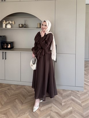 Angelina Fırfırlı Etekli Takım Kahve (8548)