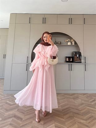Angelina Fırfırlı Etekli Takım Pembe (8548)