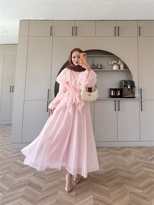 Angelina Fırfırlı Etekli Takım Pembe (8548)