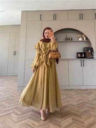 Angelina Fırfırlı Etekli Takım Yağ Yeşili (8548)
