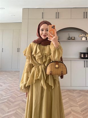 Angelina Fırfırlı Etekli Takım Yağ Yeşili (8548)