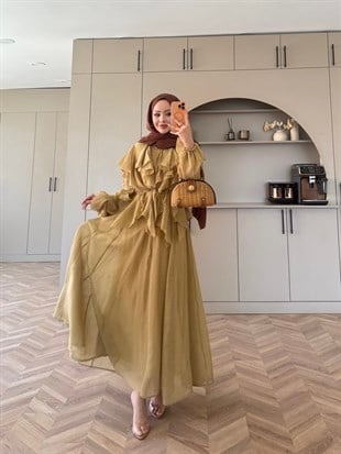 Angelina Fırfırlı Etekli Takım Yağ Yeşili (8548)