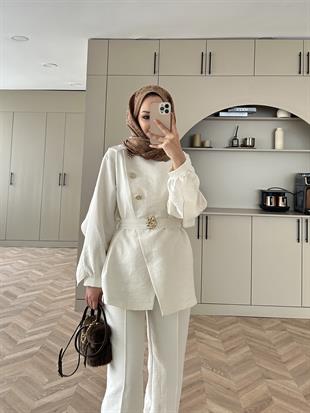 Alis Arkası Fırfırlı Broş Detaylı Cupra Takım Ekru (4400)