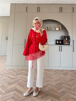 Asimetrik Dantel Detaylı Sweat Kırmızı (3491)