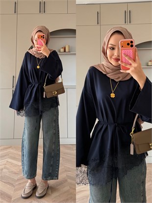 Asimetrik Dantel Detaylı Sweat Lacivert (3491)