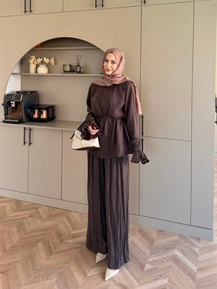 Aslin Düğmeli Pantolonlu Takım Acı Kahve (3072)