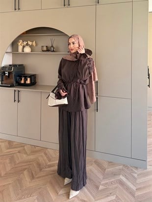 Aslin Düğmeli Pantolonlu Takım Acı Kahve (3072)