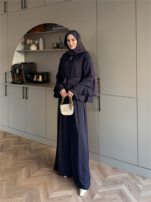 Asmila Yoryo Şifon Kat Kat Pantolonlu Takım Lacivert (8221)